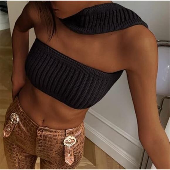 Women's Strapless Ribbed Knitted Crop Top – Halter Tube Bandeau Bustier - Picture 4 of 7